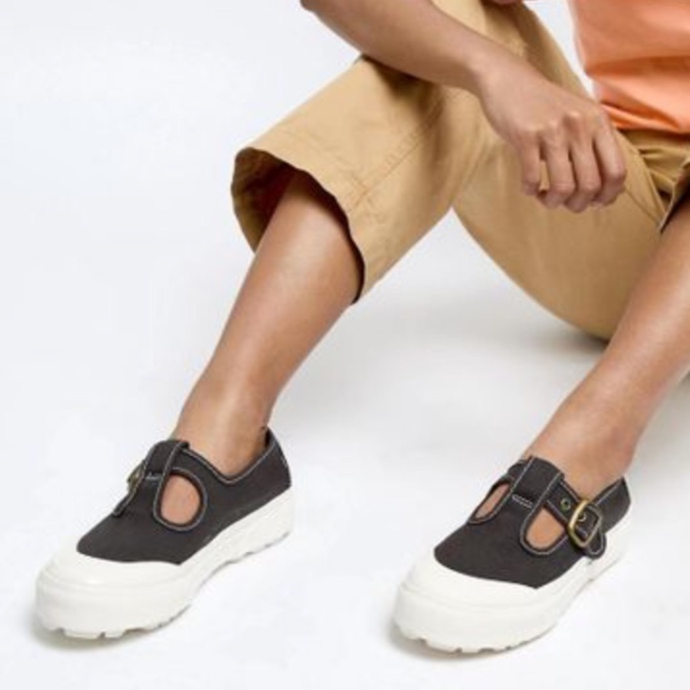 Vans Black Canvas Mary Jane Platform Sneakers with White Sole